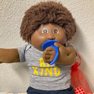 VERY RARE Vtg Cabbage Patch Kid AA Boy with Pacifier Fuzzy Hair Brown Eyes 1983